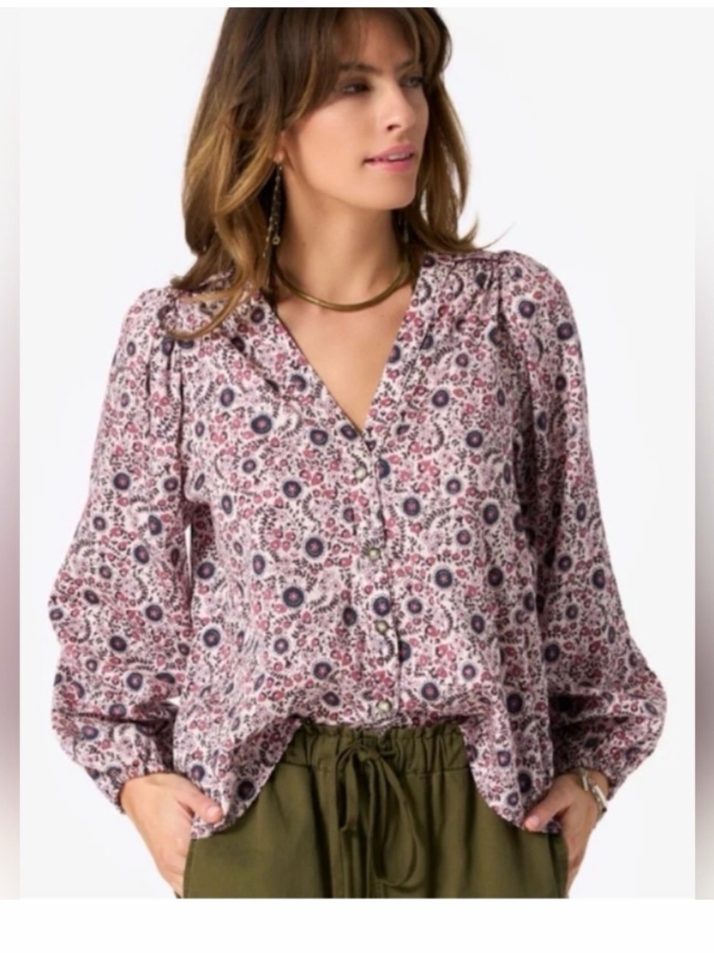 Xirena Floral V-Neck Button Front Blouse - XS